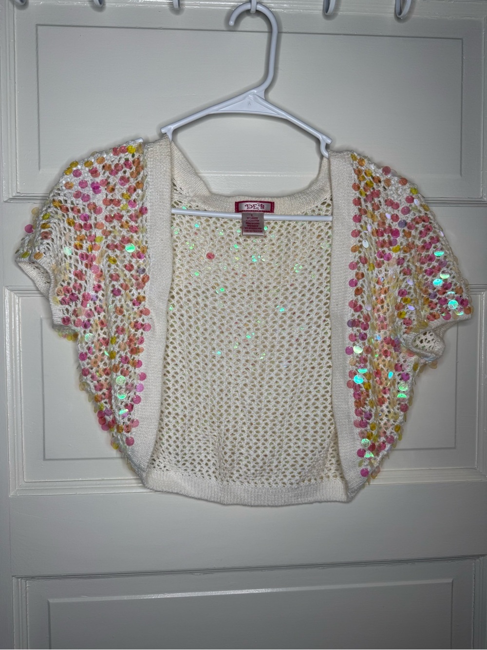 Deb vintage Sequin Cropped Knit Cardigan Cream with Pink & Yellow Accents